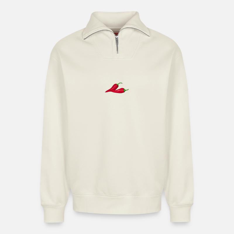 Chili chaud - Sweat unisexe décontracté en coton biologique à demi-zip – de SPREAD - blanc cassé