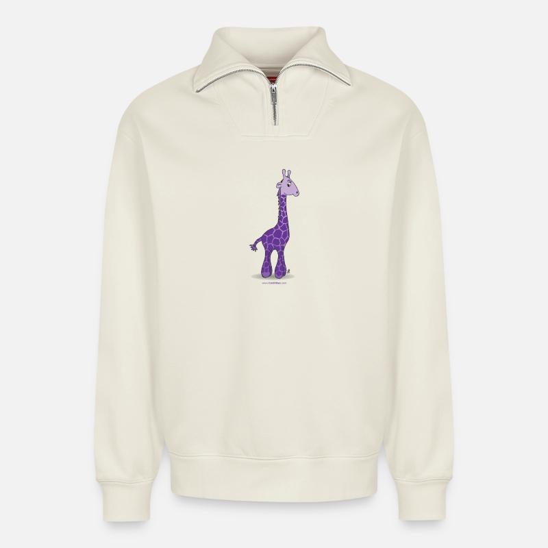 Girafe pourpre - Sweat unisexe décontracté en coton biologique à demi-zip – de SPREAD - blanc cassé