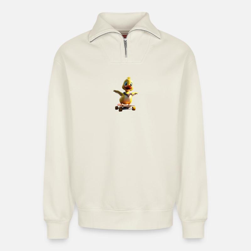 Skating Duck - Relaxed Unisex Organic Half Zip Sweatshirt – von SPREAD - Naturweiß