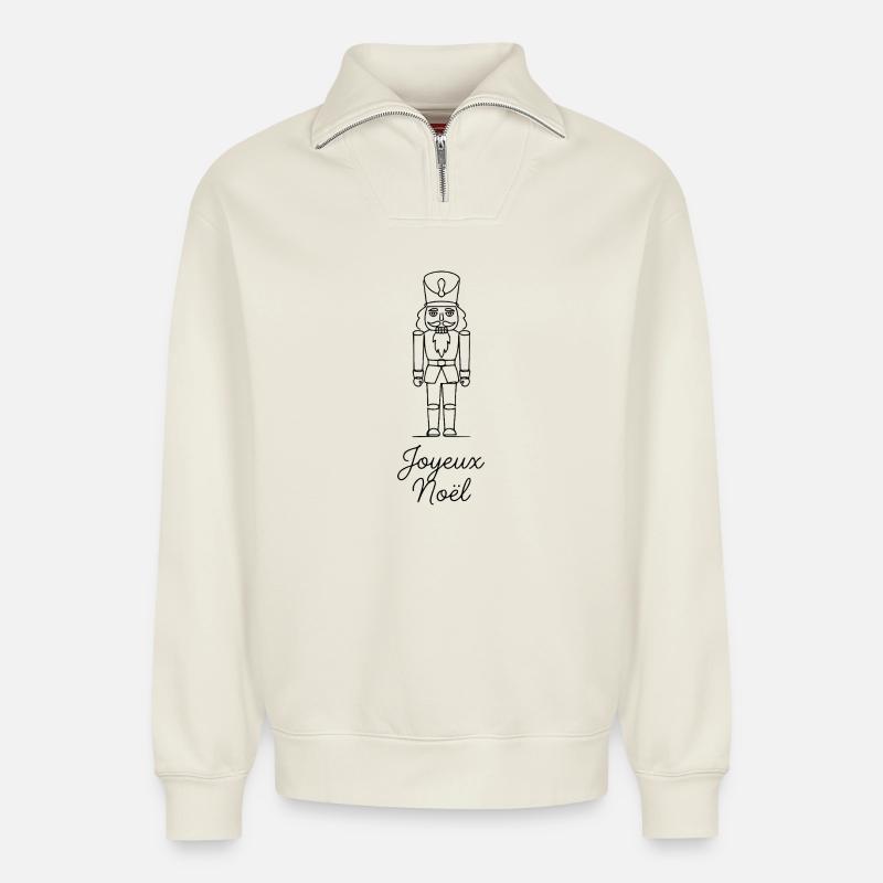 Joyeux Noel Christmas Nutcracker - Relaxed Unisex Organic Half Zip Sweatshirt – by SPREAD - off white