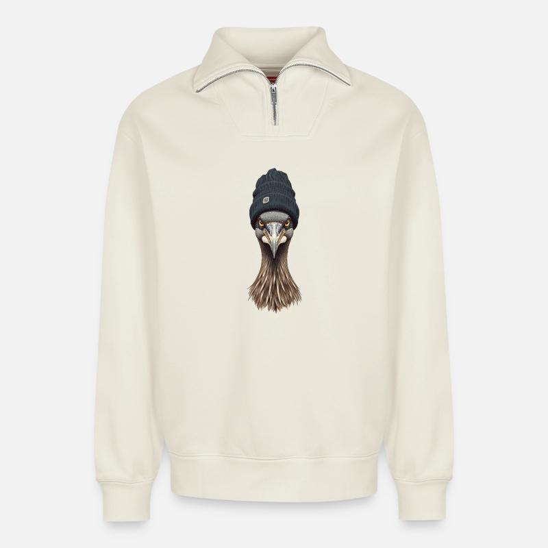 Emukopf mit gemütlicher Mütze - Relaxed Unisex Organic Half Zip Sweatshirt – von SPREAD - Naturweiß