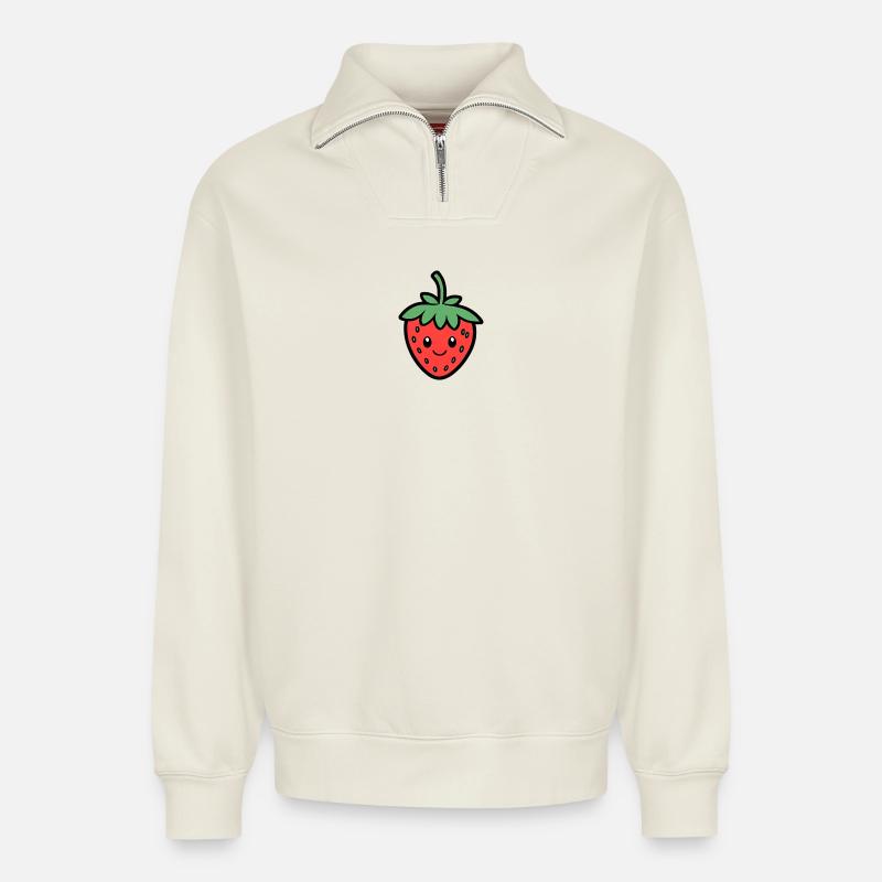 Kawaii Erdbeer Lächeln Design - Relaxed Unisex Organic Half Zip Sweatshirt – von SPREAD - Naturweiß