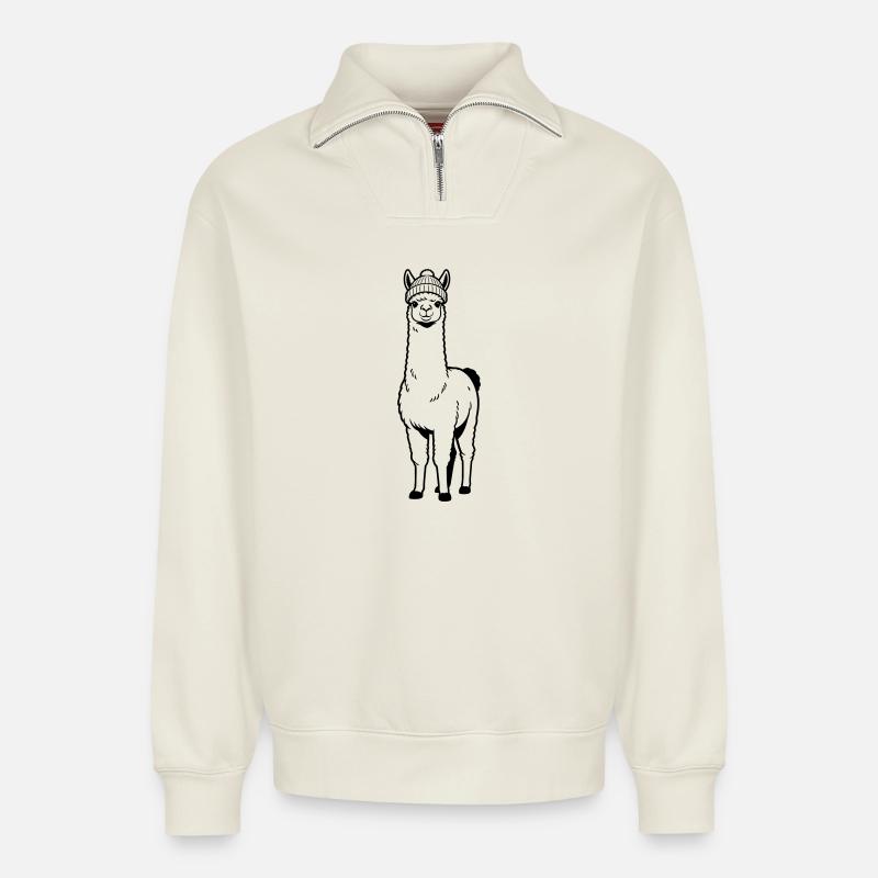 Llama Beanie - Relaxed Unisex Organic Half Zip Sweatshirt – von SPREAD - Naturweiß
