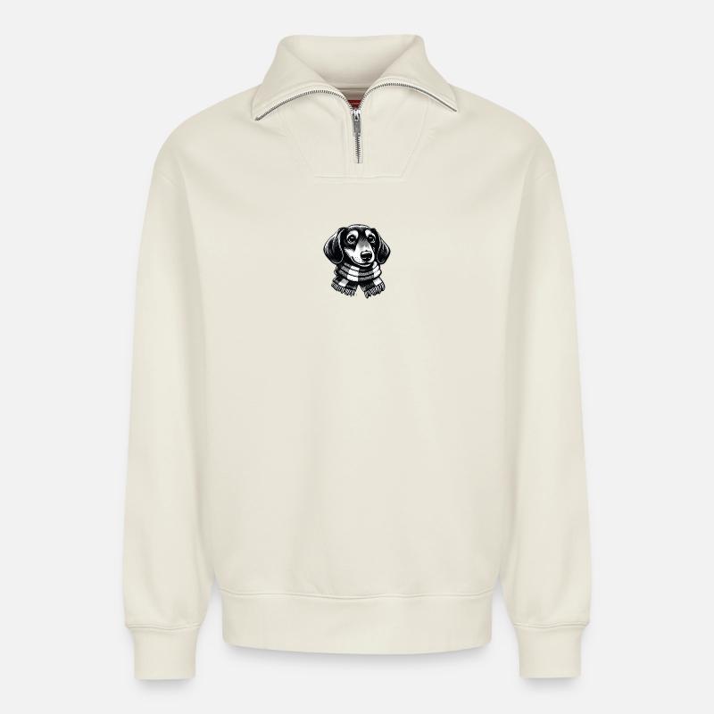 Teckel avec écharpe - Sweat unisexe décontracté en coton biologique à demi-zip – de SPREAD - blanc cassé