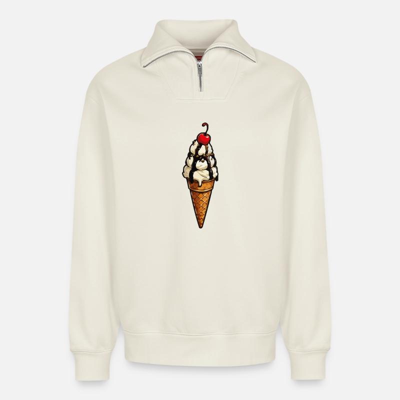 Schmelzende Eiscreme Krone im Waffel - Relaxed Unisex Organic Half Zip Sweatshirt – by SPREAD - off white