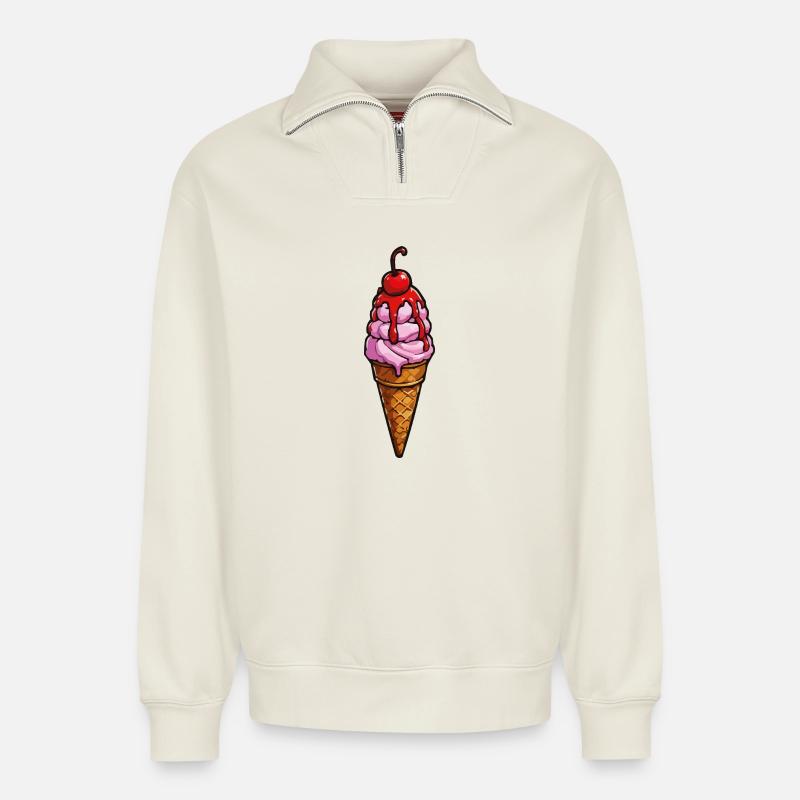 Kirsche Erdbeere Eiscreme - Relaxed Unisex Organic Half Zip Sweatshirt – by SPREAD - off white
