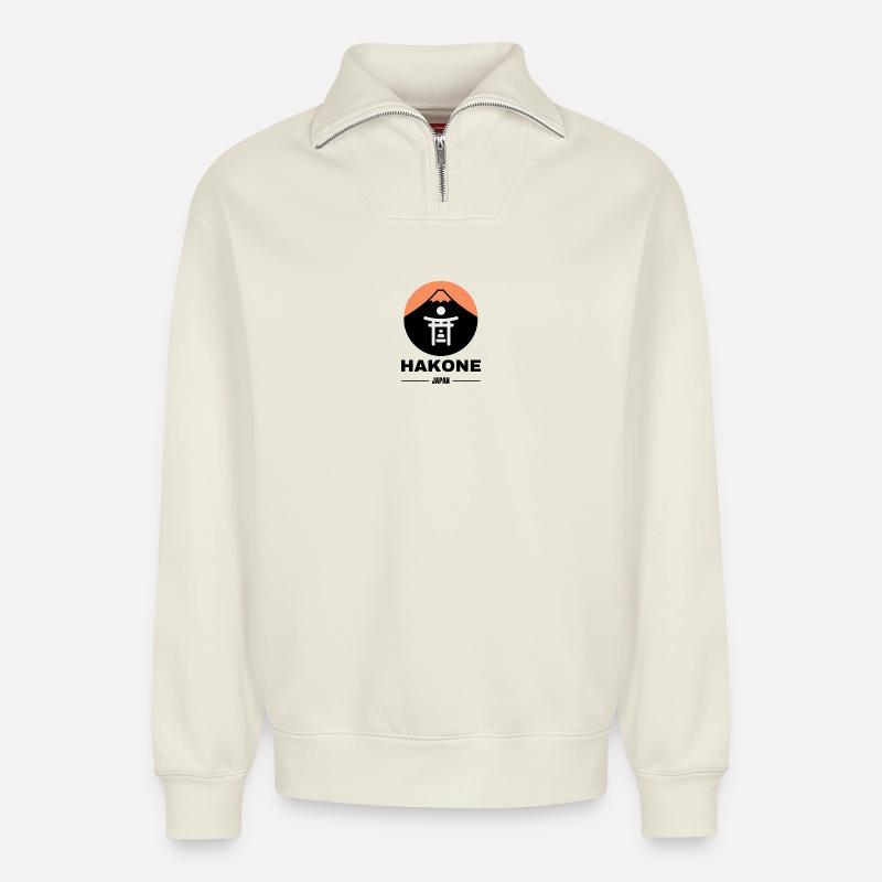Hakone - Fuji - Japan - Relaxed Unisex Organic Half Zip Sweatshirt – von SPREAD - Naturweiß