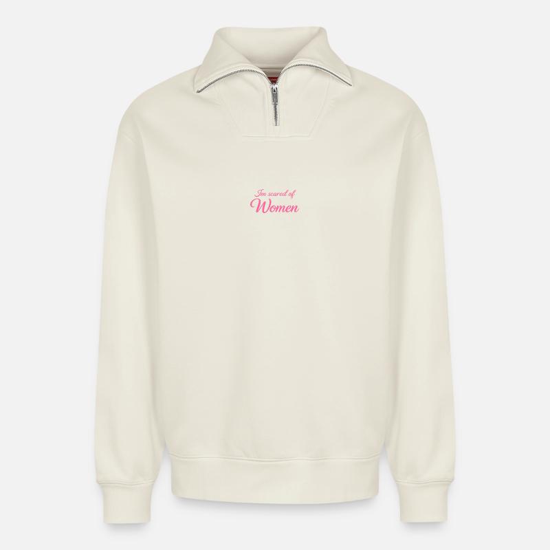 ScaredOfWomen_-_pink - Relaxed Unisex Organic Half Zip Sweatshirt – von SPREAD - Naturweiß