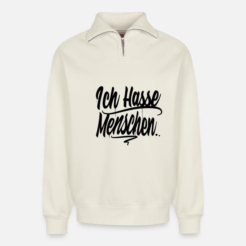 Ich hasse Menschen - Relaxed Unisex Organic Half Zip Sweatshirt – von SPREAD - Naturweiß