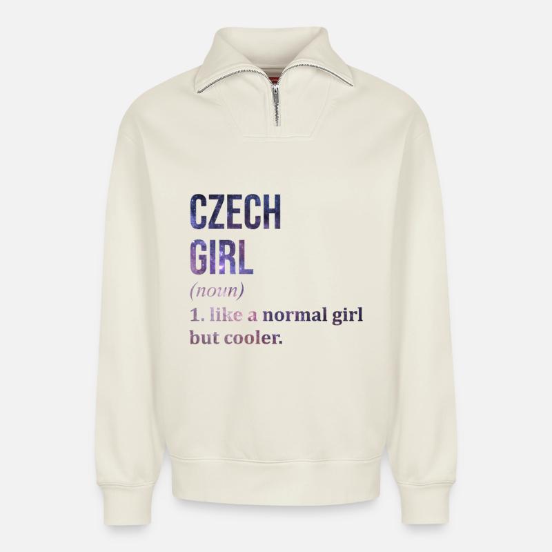 Tchèque - Sweat unisexe décontracté en coton biologique à demi-zip – de SPREAD - blanc cassé