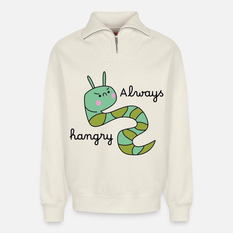 Grumpy Caterpillar – Lustige Cartoon-Raupe - Relaxed Unisex Organic Half Zip Sweatshirt – von SPREAD - Naturweiß
