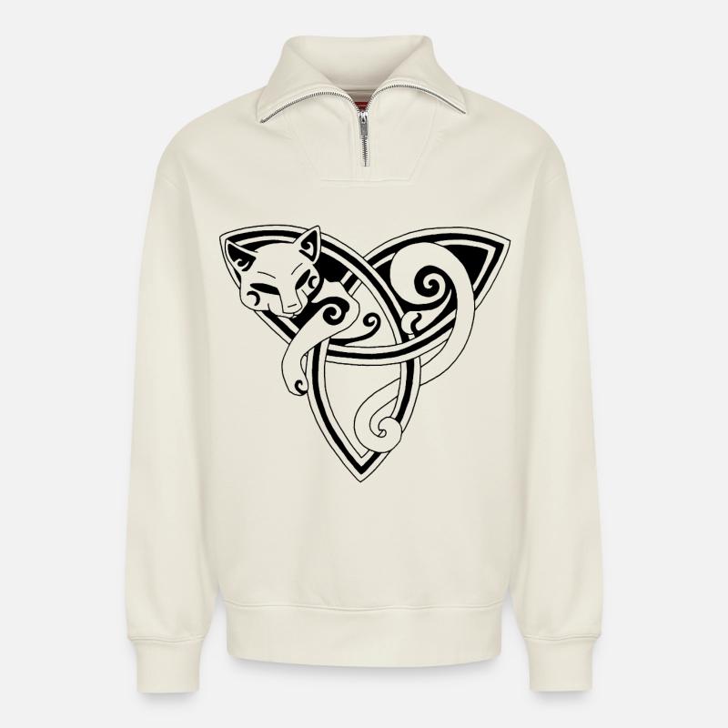 Die keltische Katze ruht (schwarz) - Relaxed Unisex Organic Half Zip Sweatshirt – von SPREAD - Naturweiß
