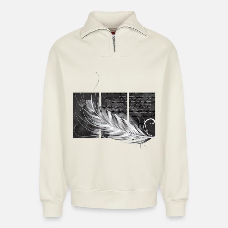 Feather Triptych - Relaxed Unisex Organic Half Zip Sweatshirt – by SPREAD - off white