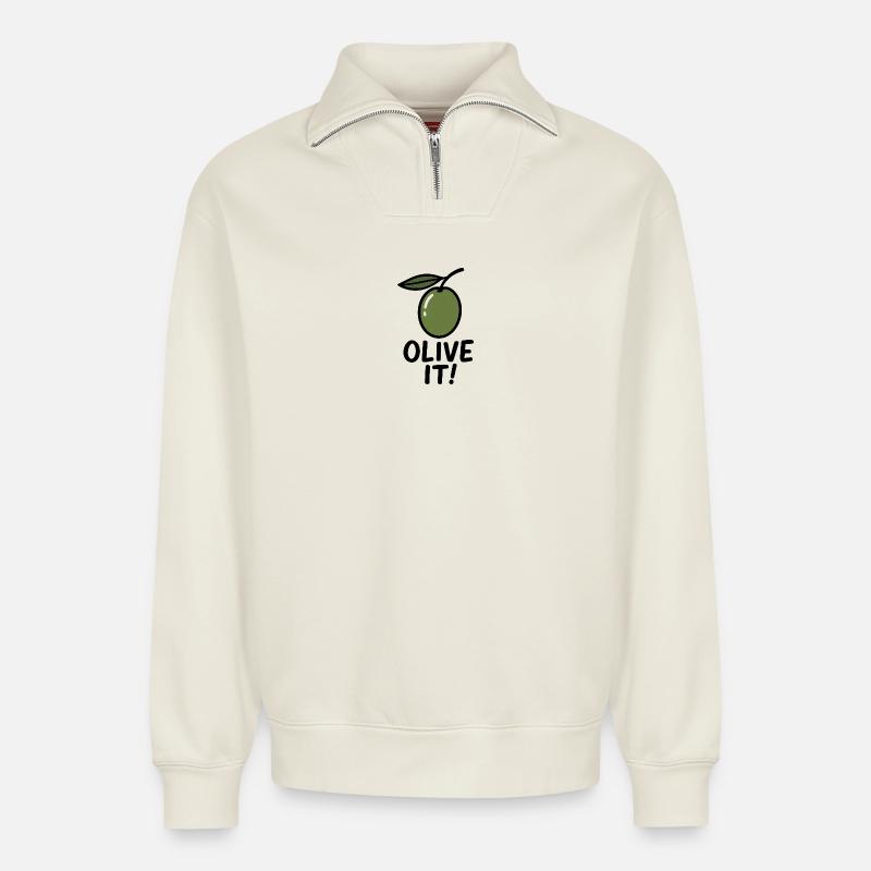 Illustration d’olive avec slogan - Sweat unisexe décontracté en coton biologique à demi-zip – de SPREAD - blanc cassé