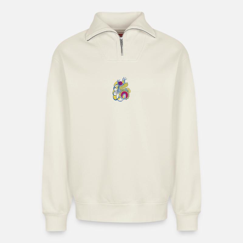 Bunte Blütenspirale - Relaxed Unisex Organic Half Zip Sweatshirt – von SPREAD - Naturweiß