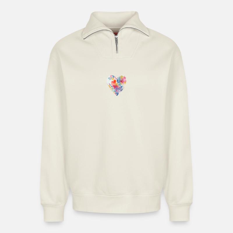 Herz - Relaxed Unisex Organic Half Zip Sweatshirt – von SPREAD - Naturweiß
