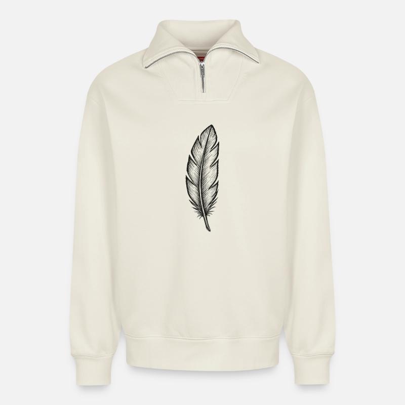 Schwarze Glitzer-Feder mit Struktur - Relaxed Unisex Organic Half Zip Sweatshirt – von SPREAD - Naturweiß