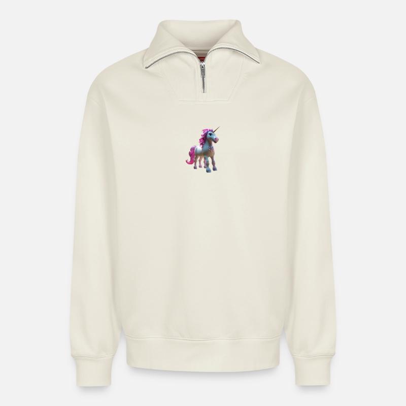 Einhorn - Relaxed Unisex Organic Half Zip Sweatshirt – von SPREAD - Naturweiß