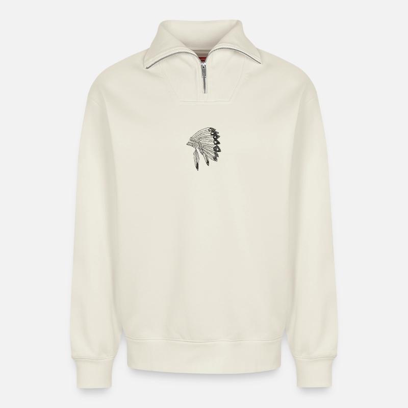 Indianer, Federn - Relaxed Unisex Organic Half Zip Sweatshirt – von SPREAD - Naturweiß