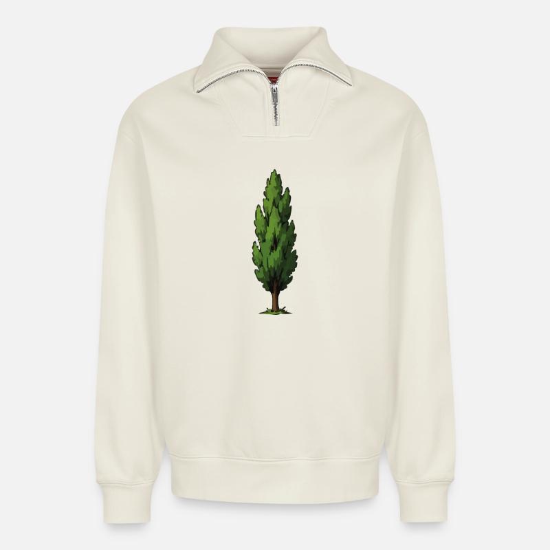 Stylized Green Tree Shape - Relaxed Unisex Organic Half Zip Sweatshirt – by SPREAD - off white