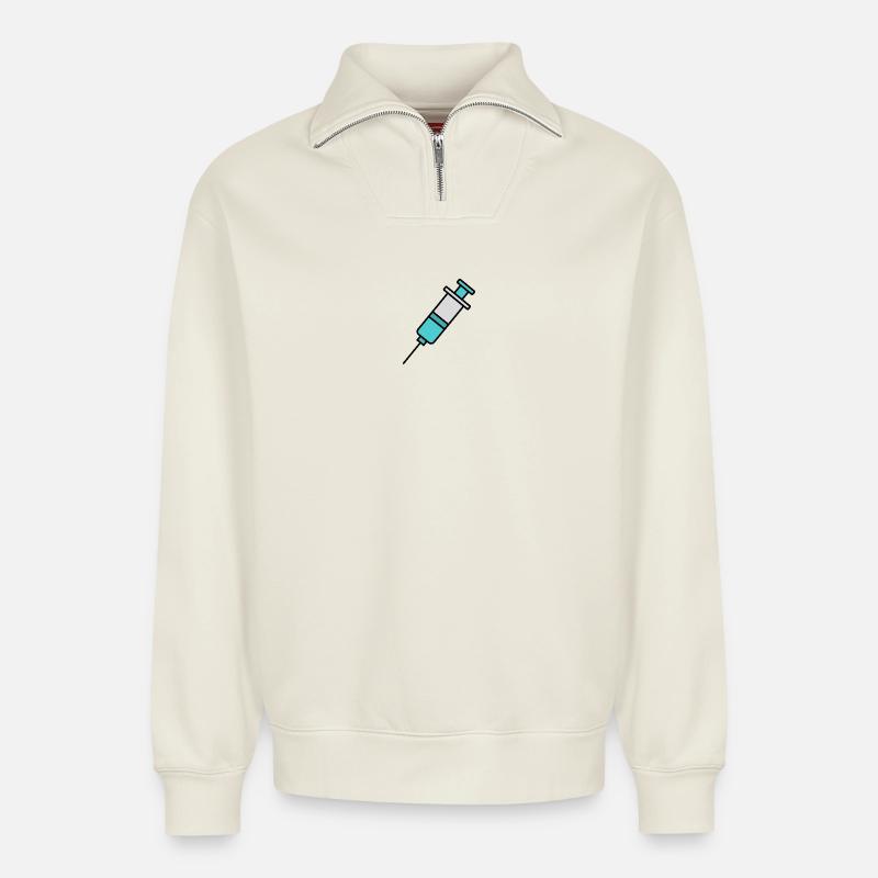 Syringe | Pro Vaccination & Science Statement - Relaxed Unisex Organic Half Zip Sweatshirt – by SPREAD - off white