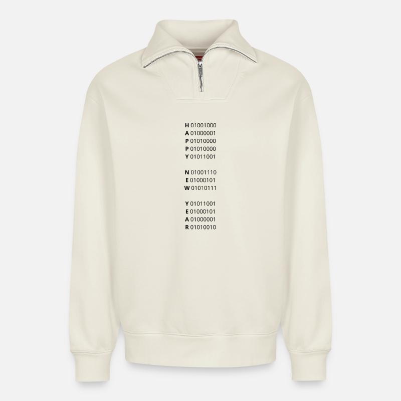 FROHES NEUES JAHR – Binärcode - Relaxed Unisex Organic Half Zip Sweatshirt – von SPREAD - Naturweiß