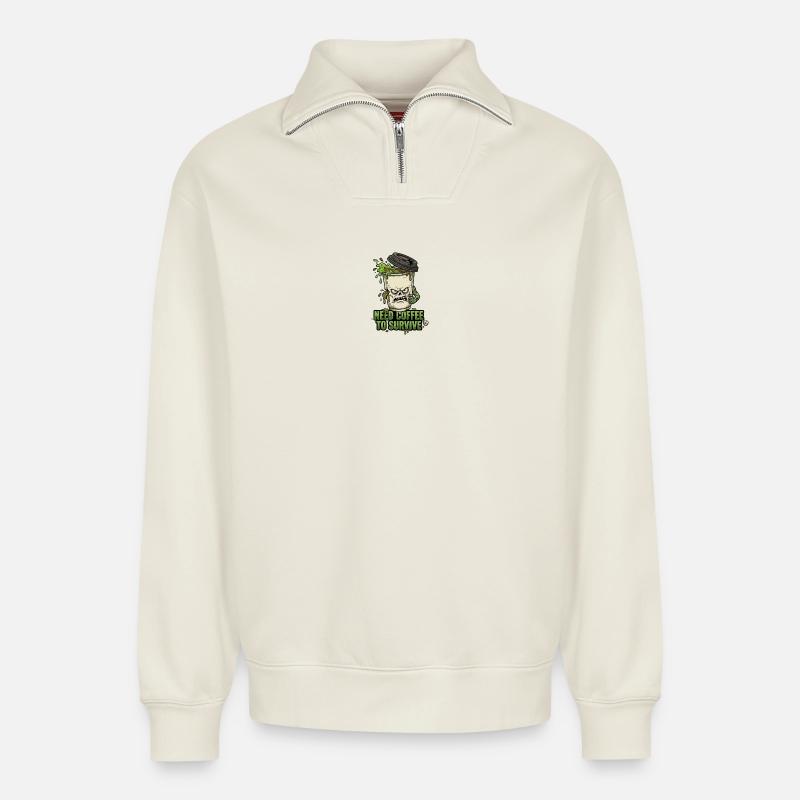 Café Zombie braucht Kaffee - Relaxed Unisex Organic Half Zip Sweatshirt – von SPREAD - Naturweiß