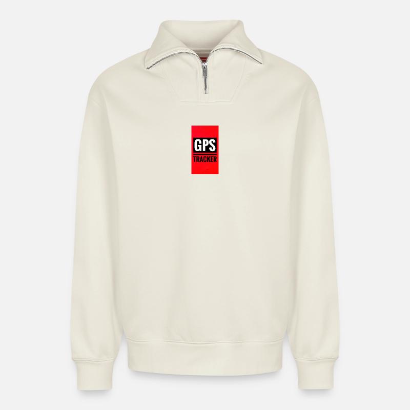 Style d’affiche de suivi GPS - Sweat unisexe décontracté en coton biologique à demi-zip – de SPREAD - blanc cassé