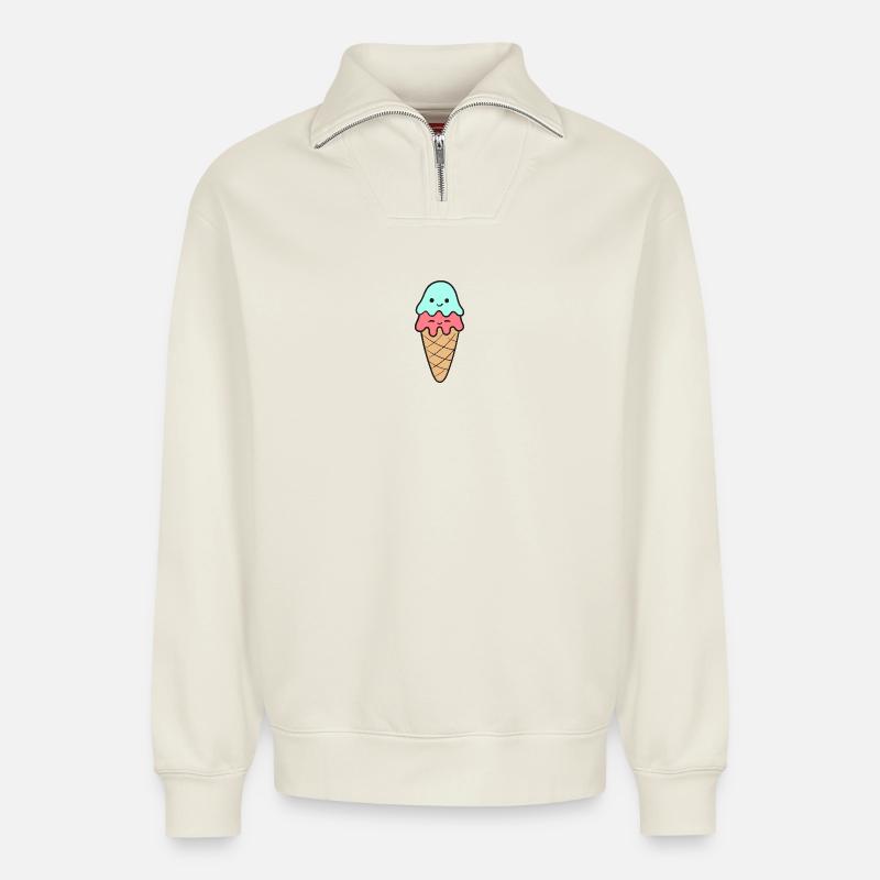 Crème glacée Crème glacée - Sweat unisexe décontracté en coton biologique à demi-zip – de SPREAD - blanc cassé