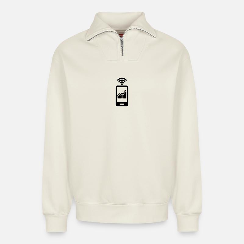Chart-Aktien mit Smartphone - Relaxed Unisex Organic Half Zip Sweatshirt – von SPREAD - Naturweiß