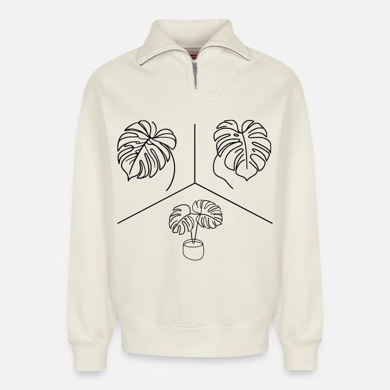 Conception Monstera - Sweat unisexe décontracté en coton biologique à demi-zip – de SPREAD - blanc cassé
