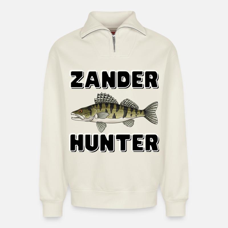 Zander Hunter – Predator-Angelhemd - Relaxed Unisex Organic Half Zip Sweatshirt – von SPREAD - Naturweiß