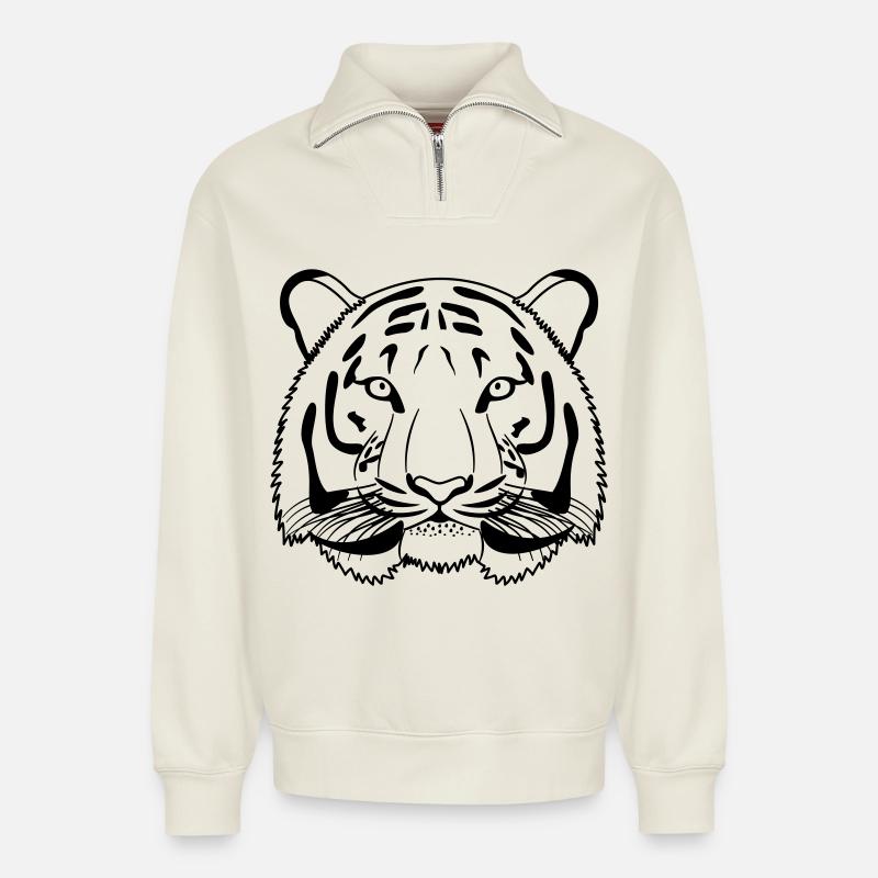 Tiger Kopf - Umriss dunkel - Relaxed Unisex Organic Half Zip Sweatshirt – von SPREAD - Naturweiß