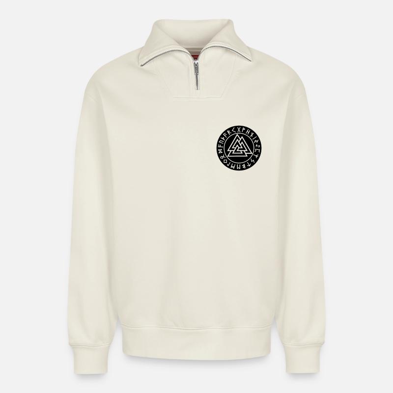 Valknut schwarzer Runenkreis - Relaxed Unisex Organic Half Zip Sweatshirt – von SPREAD - Naturweiß
