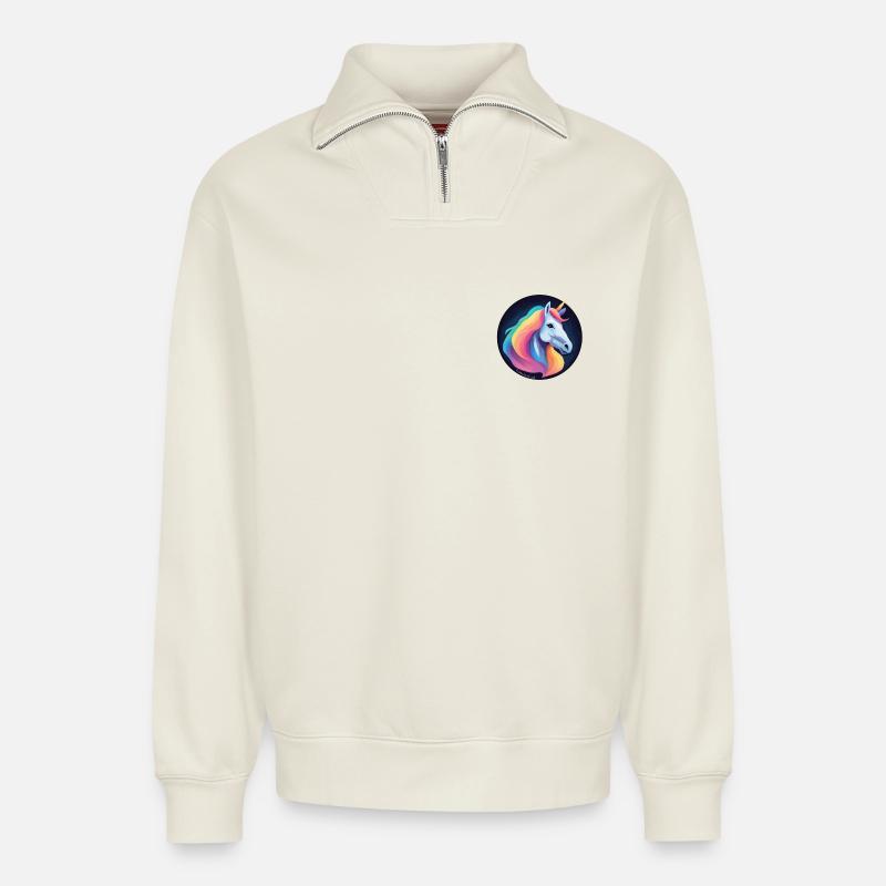 Regenbogen-Einhorn - Relaxed Unisex Organic Half Zip Sweatshirt – von SPREAD - Naturweiß