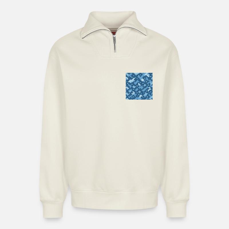 Blaues Pixelmuster - Relaxed Unisex Organic Half Zip Sweatshirt – von SPREAD - Naturweiß