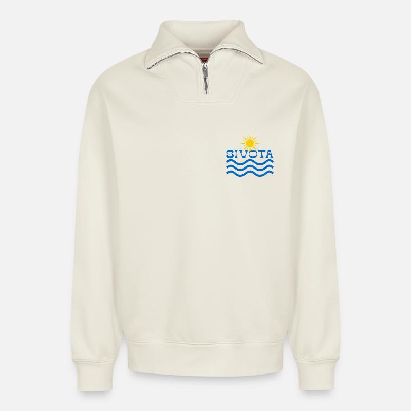 Sivota Sun Waves  - Relaxed Unisex Organic Half Zip Sweatshirt – by SPREAD - off white