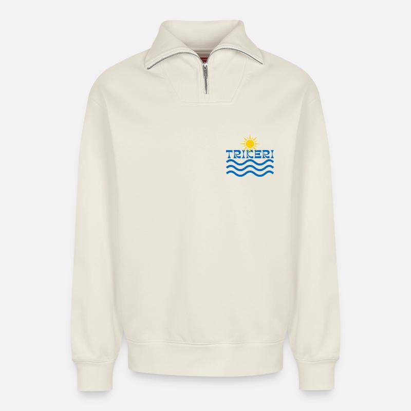 Trikeri Sun and Ocean Waves - Relaxed Unisex Organic Half Zip Sweatshirt – by SPREAD - off white