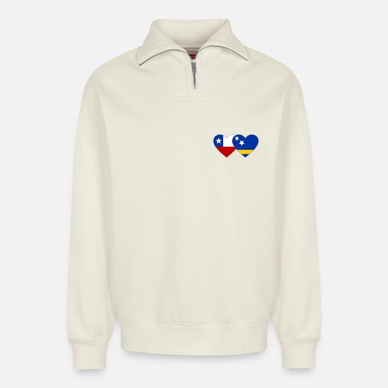 Chile_Curacao_Flagge_Herz - Relaxed Unisex Organic Half Zip Sweatshirt – by SPREAD - off white