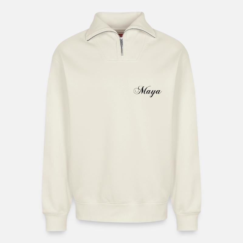 Maya, custom design elegant style - Relaxed Unisex Organic Half Zip Sweatshirt – by SPREAD - off white