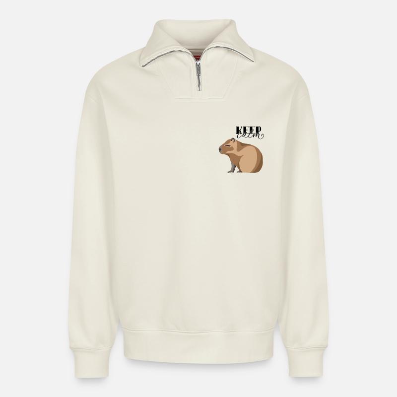 Keep Calm Capybara - Relaxed Unisex Organic Half Zip Sweatshirt – von SPREAD - Naturweiß
