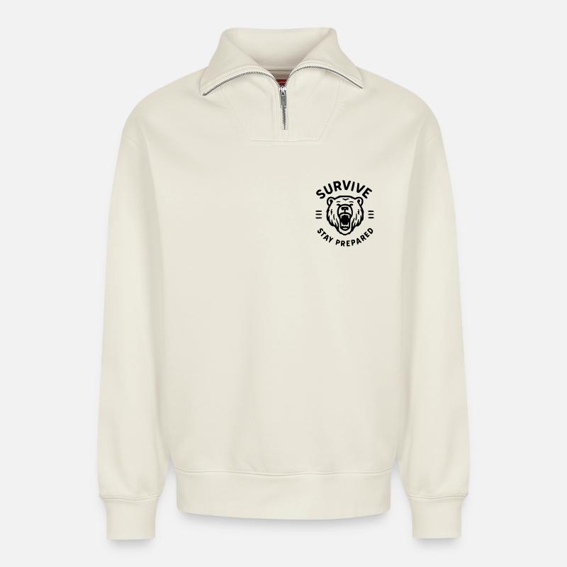 Überleben - Bär - Relaxed Unisex Organic Half Zip Sweatshirt – von SPREAD - Naturweiß