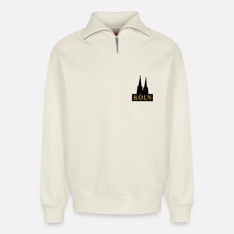 Cologne cathedral - Relaxed Unisex Organic Half Zip Sweatshirt – by SPREAD - off white