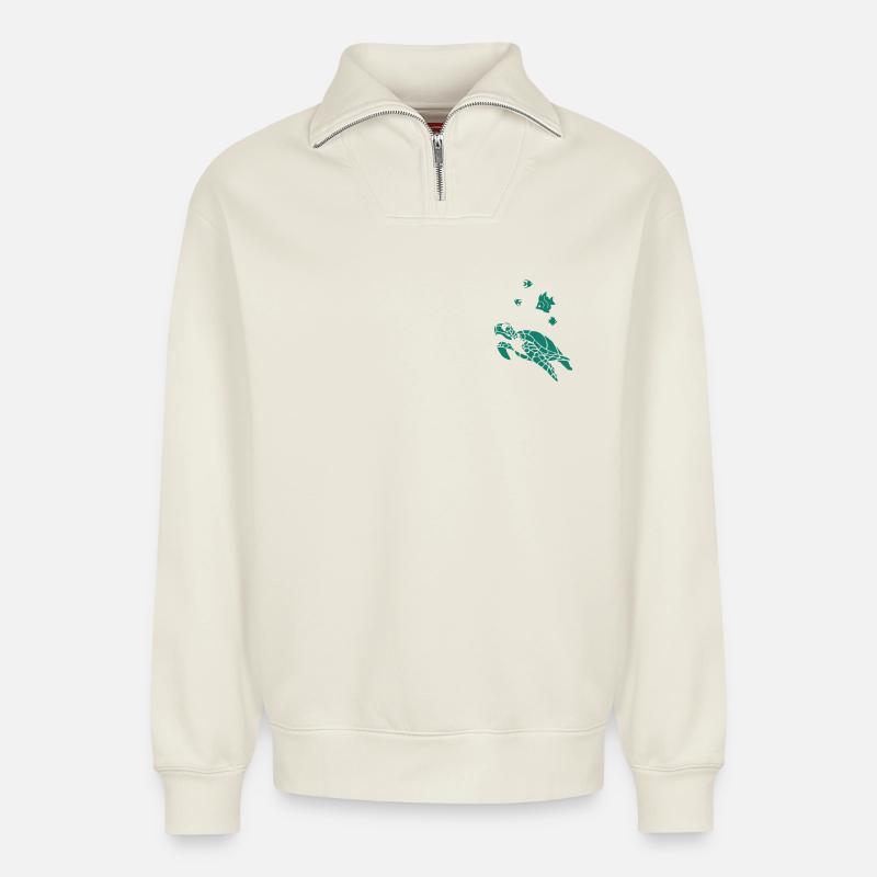 Turtle anf Flag fish - Relaxed Unisex Organic Half Zip Sweatshirt – von SPREAD - Naturweiß