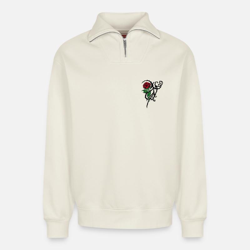 Tattoo Rose - Relaxed Unisex Organic Half Zip Sweatshirt – von SPREAD - Naturweiß