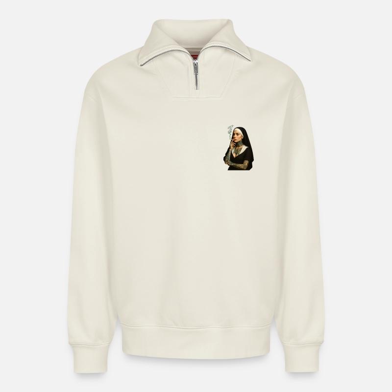 G' Religieuse - Sweat unisexe décontracté en coton biologique à demi-zip – de SPREAD - blanc cassé
