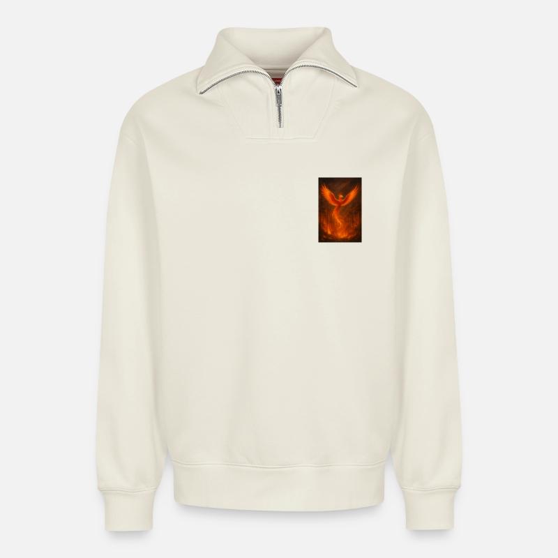 Flammender Phönix im Wald - Relaxed Unisex Organic Half Zip Sweatshirt – von SPREAD - Naturweiß