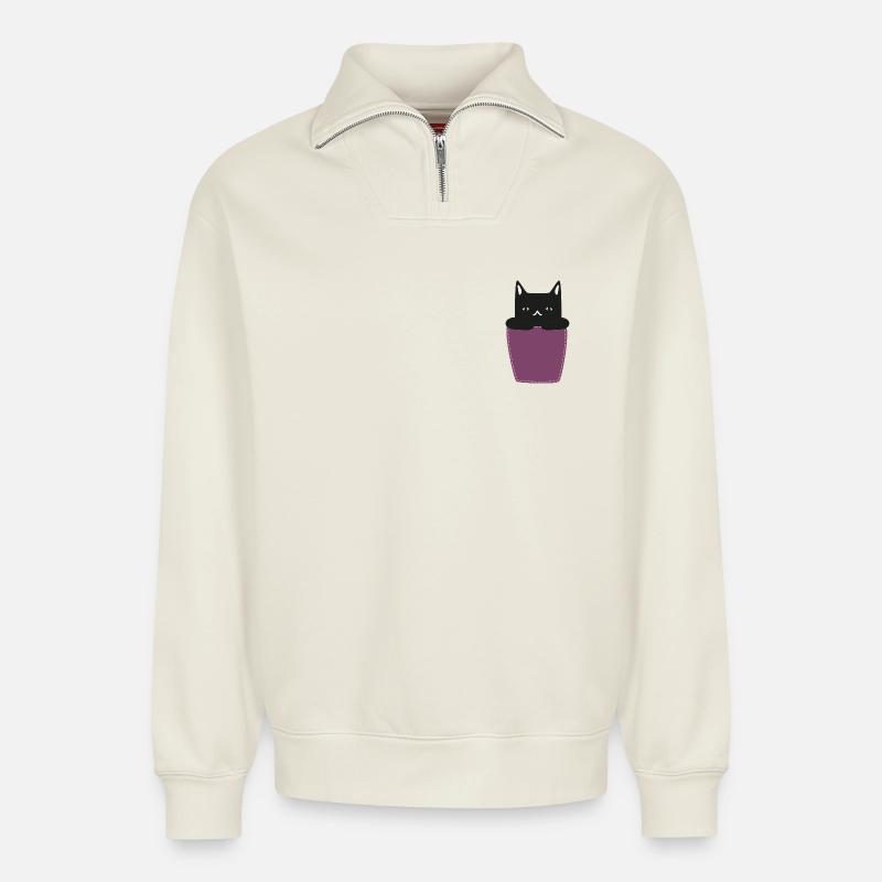 Katze In der Brusttasche - Relaxed Unisex Organic Half Zip Sweatshirt – von SPREAD - Naturweiß