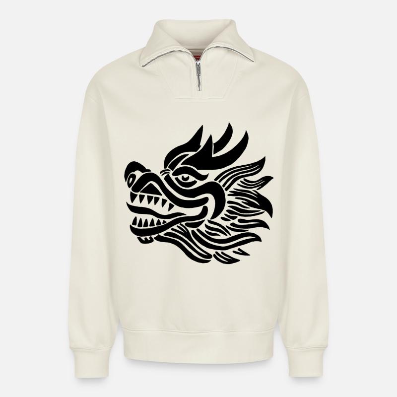 Chinesischer Drachenkopf (Schwarz) - Relaxed Unisex Organic Half Zip Sweatshirt – von SPREAD - Naturweiß