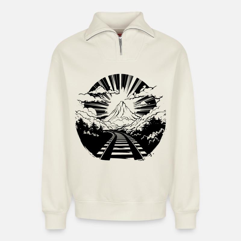 Eisenbahn - Relaxed Unisex Organic Half Zip Sweatshirt – von SPREAD - Naturweiß
